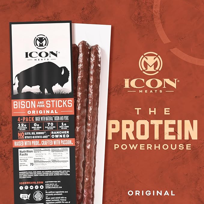ICON Meats Bison and Pork Snack Sticks, Original, 6 Pack High Protein Snacks, 4 Meat Sticks per Pack, Sugar Free, Gluten Free, Natural, USDA Inspected, Made in USA, Gifts or Stocking Stuffers