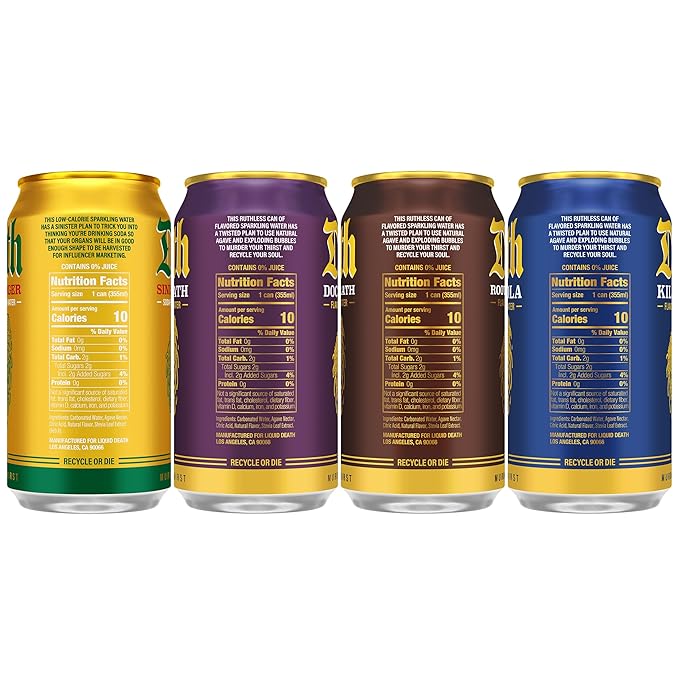 Liquid Death Soda-Flavored Sparkling Water - Classic Variety 2, Less Sugar*, Huge Flavor, No Artificial Sweeteners, 4 Flavors: Sinister Ginger, Doctor Death, Cola, Root Beer, 12 Fl Oz (Pack of 12)