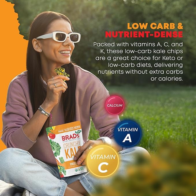 Brad’s Plant-Based - Organic Crunchy Kale Chips - Healthy Snack with Sea Salt - High in Plant-Based Protein & Fiber - Low Carb, Organic Veggie Chips - Cheez It Up - 2 Oz (Pack of 3)