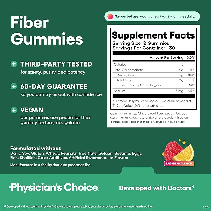 Physician’s Choice Fiber Gummies for Digestive Health & Regularity - Raspberry Lemon Flavor - No Sugar Added & Vegan - Natural Chicory Root Prebiotic Fiber - Daily Gummy for Adults, Women & Men - 60CT
