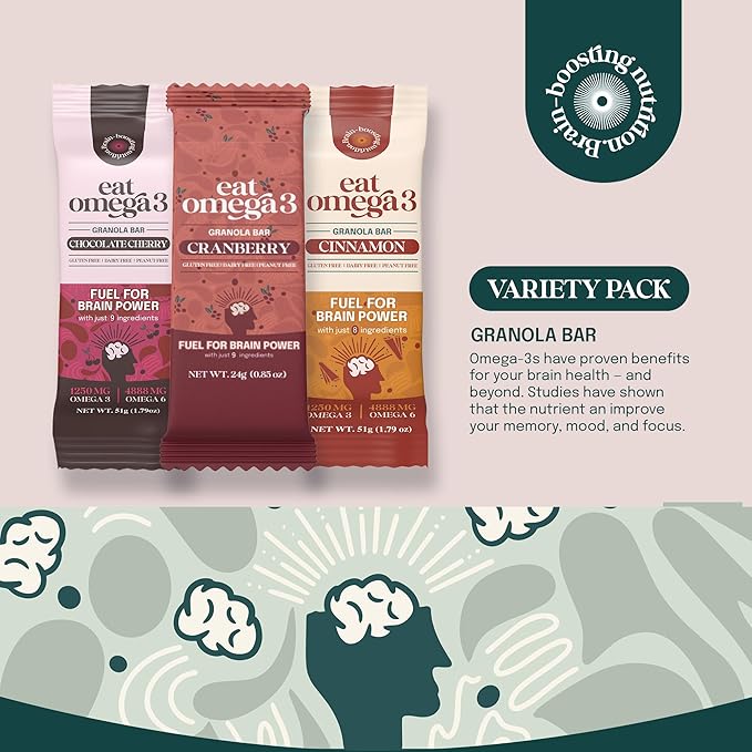 Eat Omega 3 Granola Full Bars 1.79oz - Variety Pack of 12 | Gluten-Free, Vegan, Dairy-Free | 14g Whole Grain | USDA School Approved | Individually Wrapped | Peanut-Free, Soy-Free, On-the-Go Snack