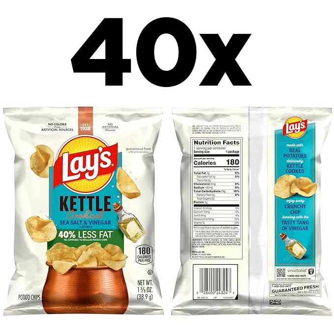 Lay's Kettle Cooked Potato Chips, 40% Less Fat Salt & Vinegar, 1.375 Ounce (Pack of 64)