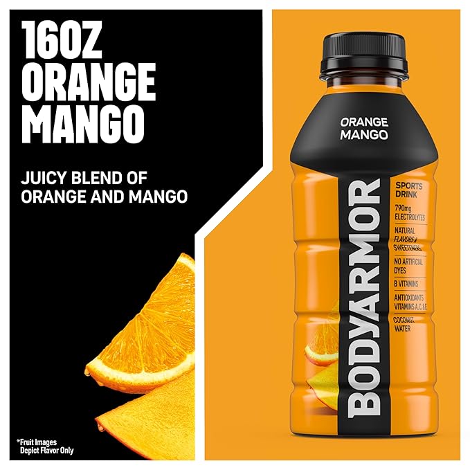 BODYARMOR Sports Drink, Orange Mango, Electrolyte Drink Hydration, 16 Fl Oz Bottles (12 Pack), Flavored Coconut Water with B Vitamins & Antioxidants