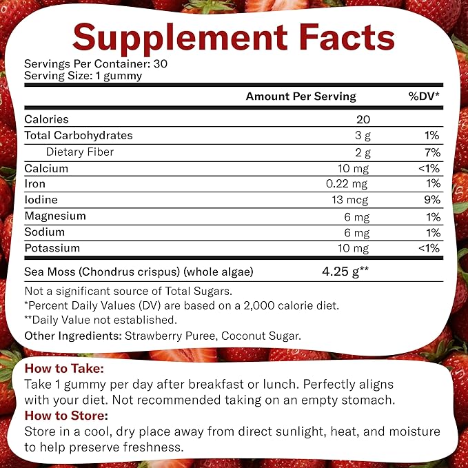 True Sea Moss Gummies – High Potency 4250mg Wildcrafted Irish Sea Moss Gel Extract per Serving + Strawberry Flavor – With Coconut Sugar & Real Fruit Purée – 30 Gummies (30 Servings)