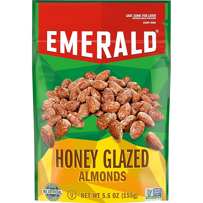 Emerald Nuts Honey Glazed Almonds (1-Pack), 5.5oz Resealable Bag, Kosher Dairy Certified, Non-GMO, Contains No Artificial Preservatives, Flavors or Synthetic Colors