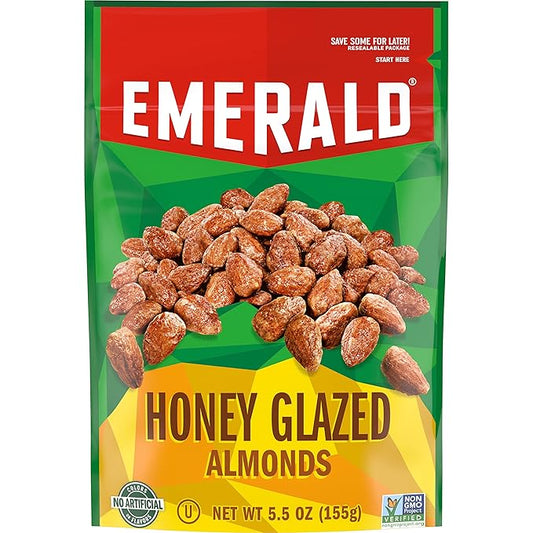 Emerald Nuts Honey Glazed Almonds (1-Pack), 5.5oz Resealable Bag, Kosher Dairy Certified, Non-GMO, Contains No Artificial Preservatives, Flavors or Synthetic Colors
