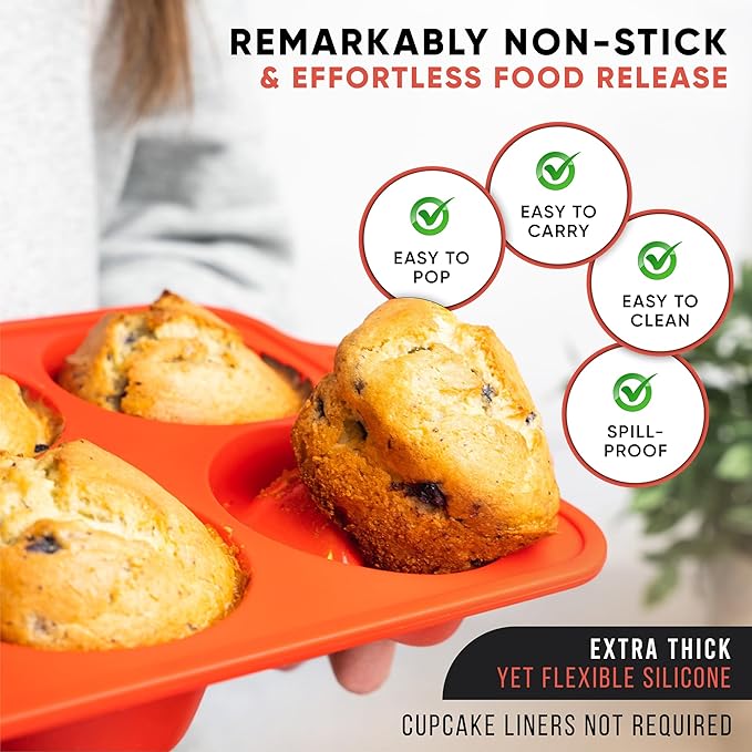 BAKE BOSS 2 PACK - Jumbo Muffin Pan, 3.5" Large Muffin Pan 6 Cup - Silicone Jumbo Muffin Tin for Baking BPA Free Non Stick - RED