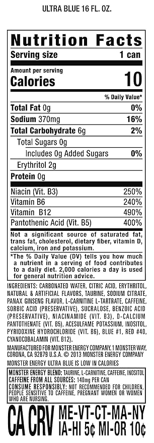 Monster Energy Ultra Blue, Sugar Free Energy Drink, 16 Ounce | Pack of 15