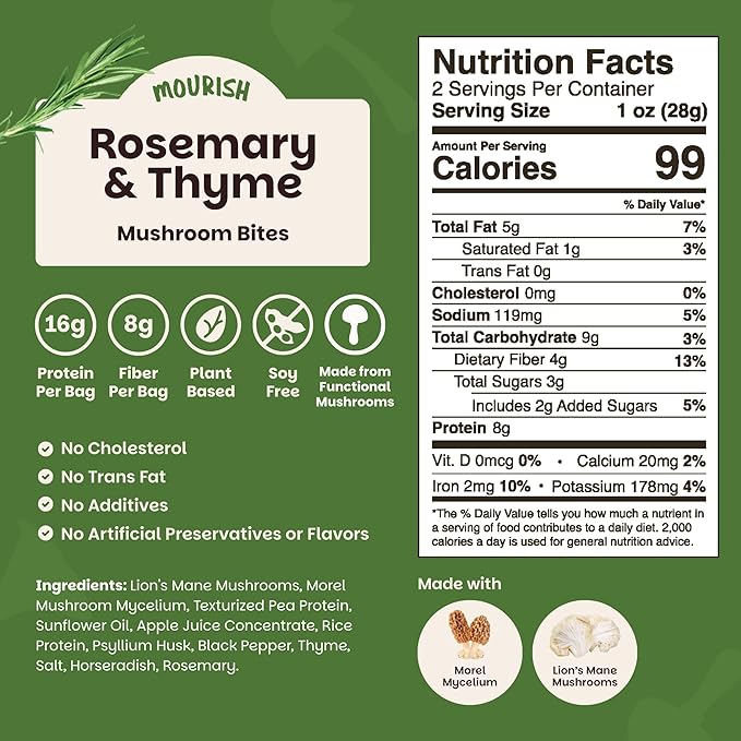 Mourish Vegan Mushroom Bites, Rosemary and Thyme, 1 Pack (2 oz), Good Source of Protein and Fiber, Plant Based Meat Jerky, Meatless Healthy Snacks for Hiking, Camping, Work, Travel & School