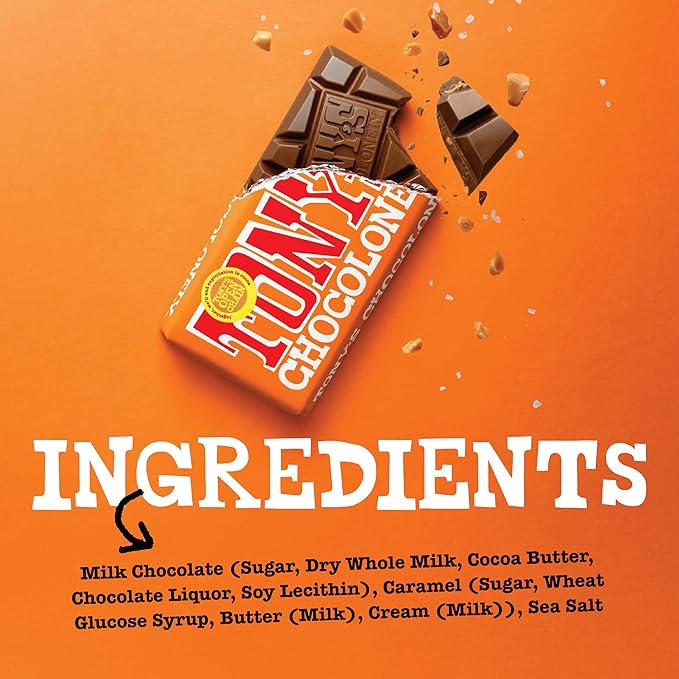 Tony’s Chocolonely Belgian Milk Chocolate Candy Bar With Caramel & Sea Salt, Chocolate Bars for Snacks, Party Favors, or Gifts, 32% Cacao, Made From Quality Fairtrade Cocoa, 4 Bars, 6.35 Oz Each
