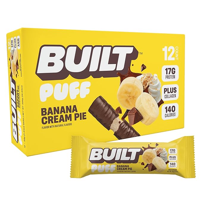 Built Bar, Puff Protein Bars, Banana Cream Pie Puff, 17g Protein Snacks, On-The-Go Bars, Only 140 Calories, 7g Sugar, Collagen, Gluten Free, 12 Count