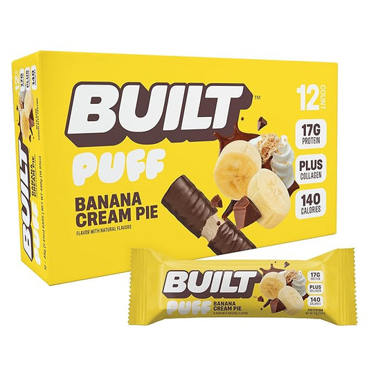 Built Bar, Puff Protein Bars, Banana Cream Pie Puff, 17g Protein Snacks, On-The-Go Bars, Only 140 Calories, 7g Sugar, Collagen, Gluten Free, 12 Count