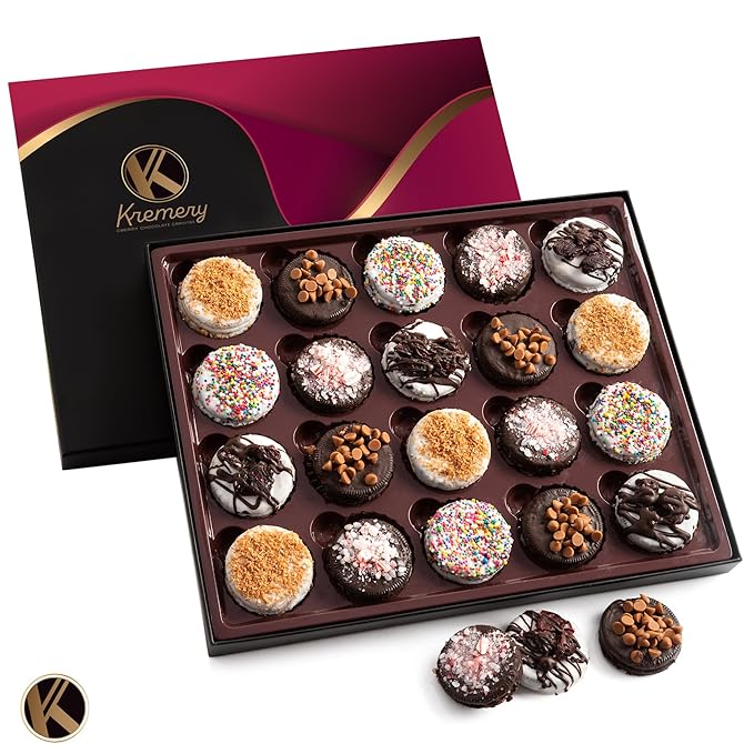 KREMERY Creamy Chocolate Cravings - Valentines Day Chocolate Covered Sandwich Cookies & Cream Gift Basket, in Elegant Gift Box (20 Cookies, Assorted Sweet Toppings) Sweet Treats, Kosher