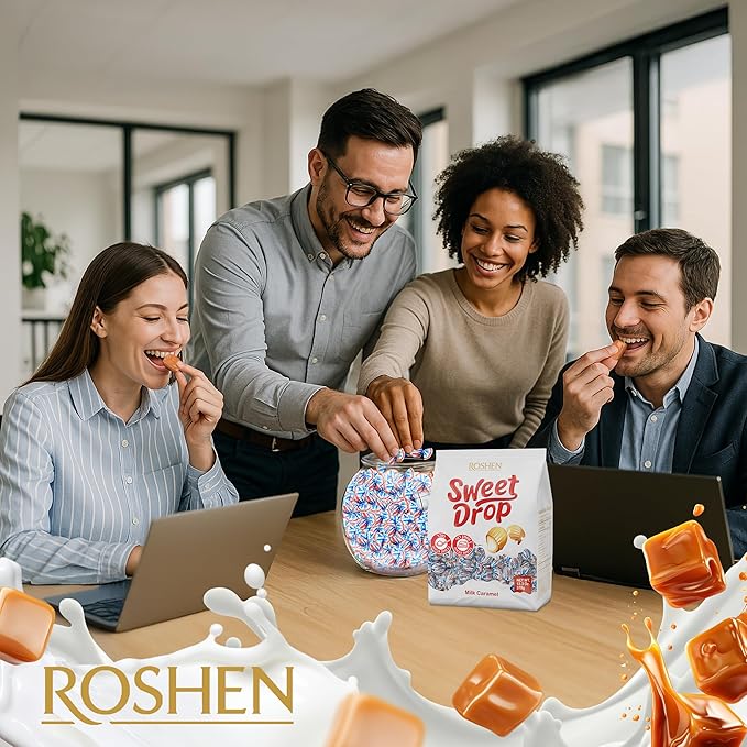 Roshen Sweet Drop Caramel Candy, Soft Caramel with Dairy Milky Filling, 13.33oz (378g), Approx. 54 Pieces, Individually Wrapped Creamy Caramel Candies, Kosher, Halal with No Artificial Dyes - Pack of 1