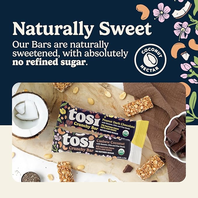 Tosi Cashew Coconut and Dark Chocolate Peanut Protein Bars Combo, Plant Based with Nuts, Gluten-Free Crunchy Snacks, Vegan, Organic, Flax & Chia Seeds, Soy-Free, Omega 3s, 6G/8G Protein, 1 oz, 12-Pack