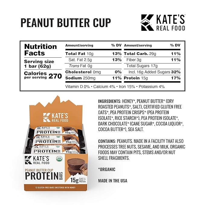 Kate’s Real Food Organic Protein Bars – (Peanut Butter Cup, 2.2 oz, Pack of 12) – Plant Based Protein Bars - Gluten Free, Soy Free, Non GMO, Whole Grains, and All Natural