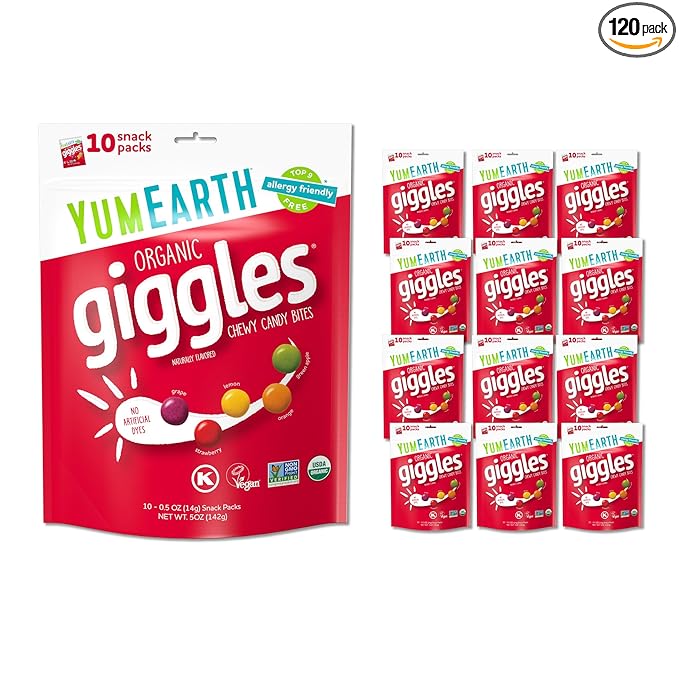YumEarth Organic Giggles Chewy Candy – Allergy Friendly, No Artificial Dyes, Non GMO, Gluten Free, Fruit Flavored, Vegan Candy Snacks 0.5 oz (Pack of 120)
