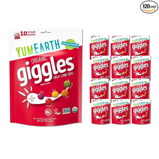 YumEarth Organic Giggles Chewy Candy – Allergy Friendly, No Artificial Dyes, Non GMO, Gluten Free, Fruit Flavored, Vegan Candy Snacks 0.5 oz (Pack of 120)