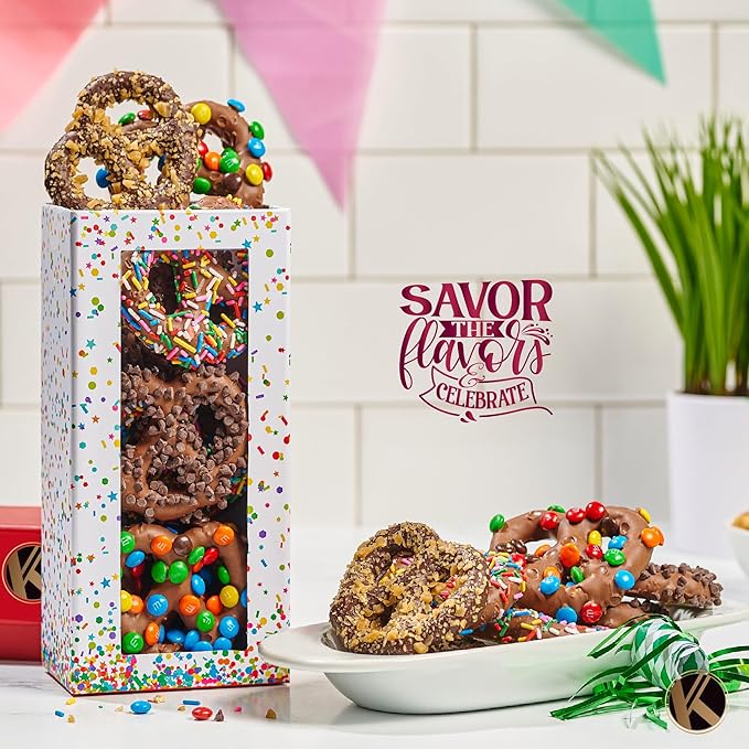 KREMERY Creamy Chocolate Cravings - Valentines Day Chocolate Covered Pretzel Twists Gift Basket, in Confetti Tower (12 Pretzels, Assorted Sweet Toppings) Sweet Treats Food Arrangement, Kosher