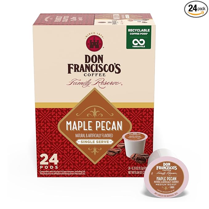 Don Francisco's Maple Pecan Flavored Coffee Pods, 24 Count, Medium Roast, Compatible with Keurig Brewers