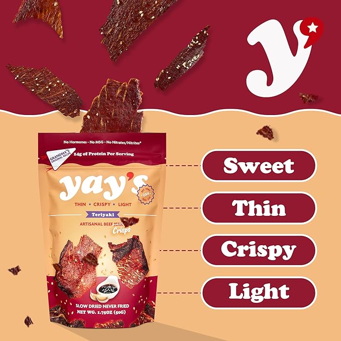 Yay's Snacks Sweet and Spicy Beef Jerky Crisps | High Protein Teriyaki Snack | Crispy, Crunchy, Non-GMO, Gluten-Free Meat Snack | 28G Protein Per Bag, Made in USA - 1 Pack (1.75 Oz)