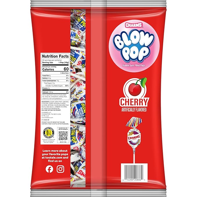 Charms Blow Pop Single Flavor Bag - Cherry Flavored Lollipops with a Bubble Gum Center - Individually Wrapped Hard Candy - Red Candy - Peanut Free, Gluten Free, 50 Count (Pack of 1)