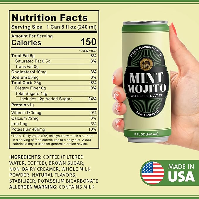 Golden Nest Liquor-Flavored Coffee Latte | Ready to Drink Liquor-Inspired Non-Alcoholic Creamy Beverage | All Natural No Preservatives | 8 Fl Oz Can (Mint Mojito, 8 Fl Oz (Pack of 6))