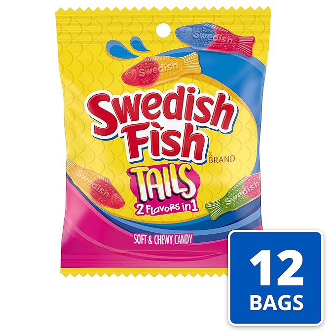 SWEDISH FISH Tails 2 Flavors in 1 Soft & Chewy Candy, 12 - 3.6 oz Bags