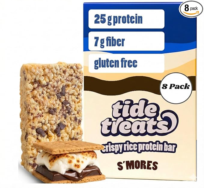 Crispy Rice Protein Treat Bar | 25 g Protein, Low Sugar, Clean Ingredients, 7 g Fiber, Gluten Free | High Protein Snack for On-the-Go, Post-Workout or Dessert Cravings | 8 Count (S'mores)