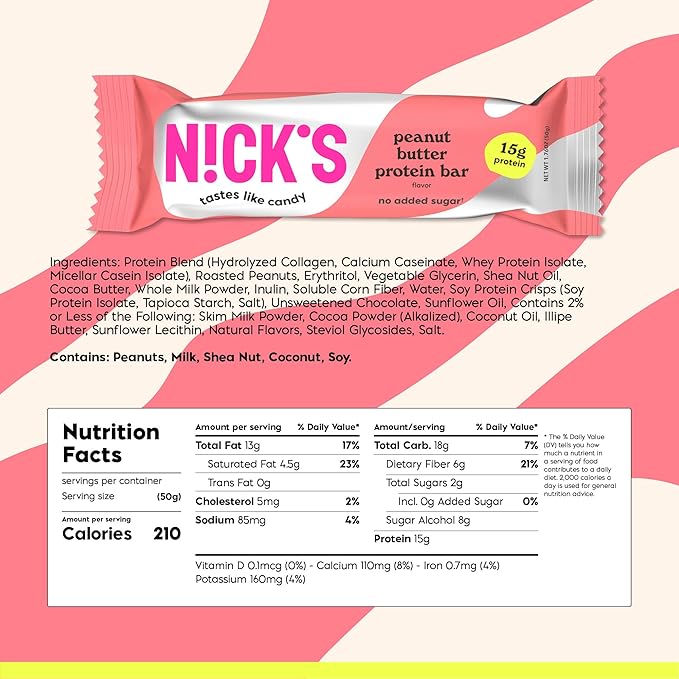 Nick’s Protein Bars Peanut Butter – 12-Count Box | High Protein, Low Calories, Low Carbs, Keto Friendly, No Added Sugar (12 bars x 50g)