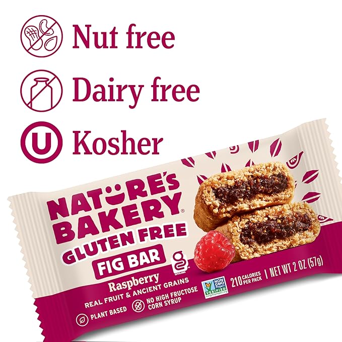 Nature's Bakery Gluten Free Fig Bar, Raspberry, Plant-Based, Vegan Friendly, Kosher, Non-GMO, 2 Ounce (Pack of 12)