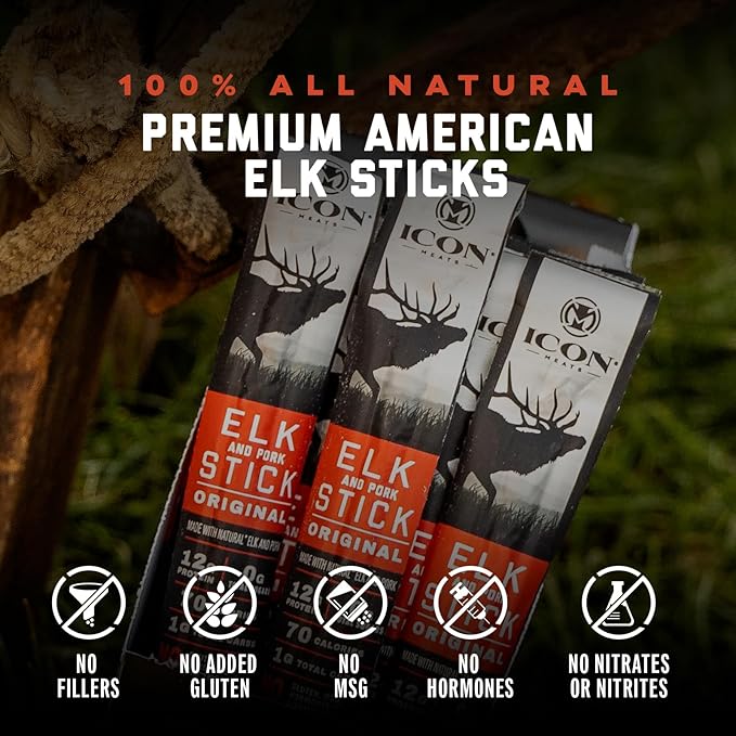 ICON Meats Elk and Pork Snack Sticks, Original, 24 Pack of High Protein Snacks, Sugar Free, Natural Jerky Meat Sticks, Gluten Free, USDA Inspected, Made in the USA, Gifts or Stocking Stuffers