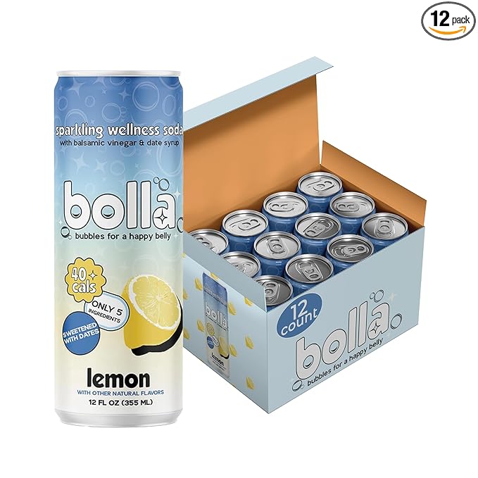 Lemon Sparkling Wellness Soda · Naturally sweetened with dates · Crafted with balsamic vinegar · 5 simple ingredients · Low calorie · Antioxidant-rich · No added sugar 12 pack