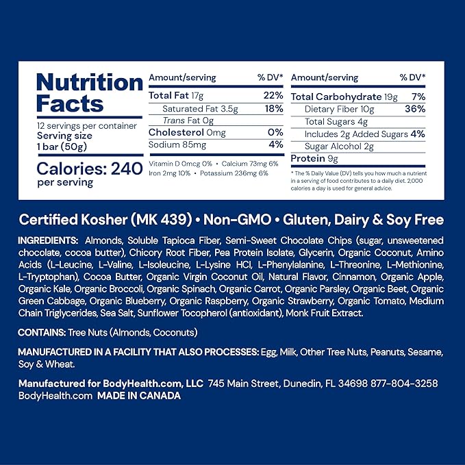 BodyHealth PerfectAmino Bar – Protein Energy Snack with 10g Protein, Plant-Based MCTs, Superfood Blend, Non-GMO, Gluten, Dairy & Soy Free (Blondie, 12 Pack)