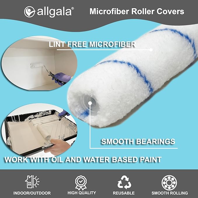 Allgala Mini Paint Roller 6" Mini 3/8" Nap Shedless Microfiber Roller Cover for Door Trim Furniture Cabinets - 12 Pack
