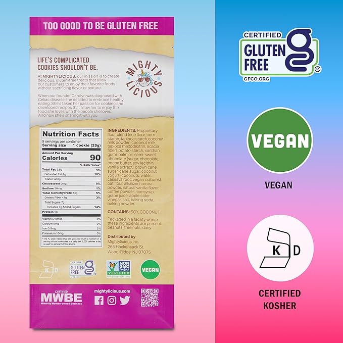 MIGHTYLICIOUS Vegan Double Dutch Chocolate Chip Cookies – Gluten-Free, Allergen Friendly, Kosher, Preservative-Free – Snack Option for a Guilt-Free Treat - 6.5 Oz (3 Pack)