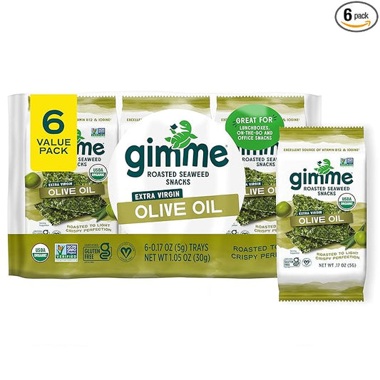 Gimme Seaweed Organic Premium Roasted Seaweed Snacks, Extra Virgin Olive Oil, 6 Count, Keto, Vegan, Gluten-Free, Great Source of Omega3s and Iodine, Healthy On-The-Go Snack for Kids and Adults
