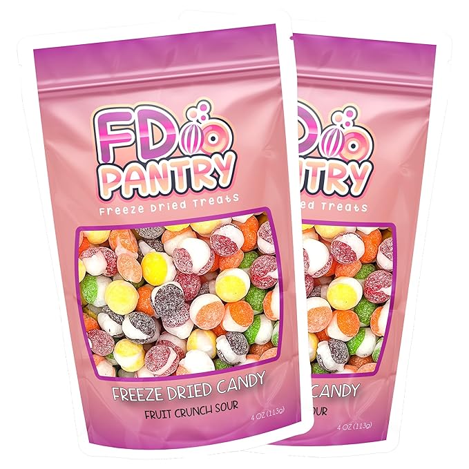 Freeze Dried Candy, Fruit Crunch Sour, 4 oz, 2 Pack, Assorted Strawberry, Orange, Lemon, Grape, Lime Flavors, Bag Pouch, Ideal Gift Snack