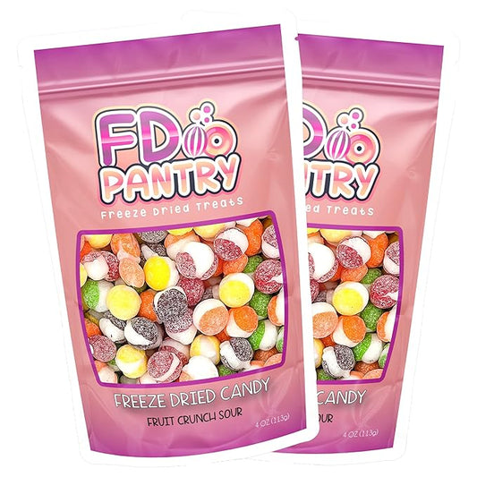 Freeze Dried Candy, Fruit Crunch Sour, 4 oz, 2 Pack, Assorted Strawberry, Orange, Lemon, Grape, Lime Flavors, Bag Pouch, Ideal Gift Snack