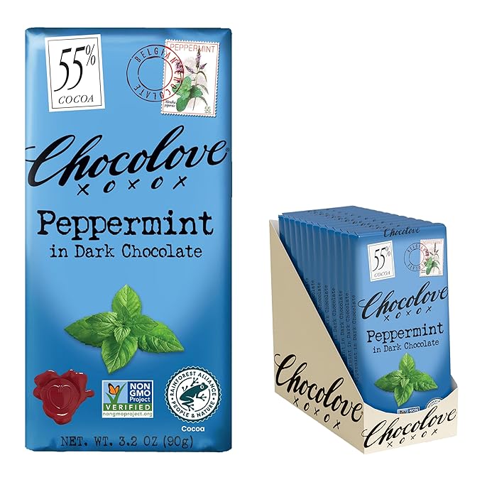 Chocolove Peppermint Dark Chocolate Bars | 55% Cocoa | Crafted in Semi-sweet Belgian Chocolate | Non GMO, Rainforest Alliance Certified, 3.2oz Bar (12 Pack)