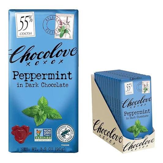 Chocolove Peppermint Dark Chocolate Bars | 55% Cocoa | Crafted in Semi-sweet Belgian Chocolate | Non GMO, Rainforest Alliance Certified, 3.2oz Bar (12 Pack)