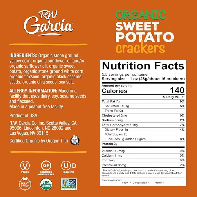 RW Garcia Organic Sweet Potato Crackers, Gluten Free, 5.5oz Boxes, 6 Pack