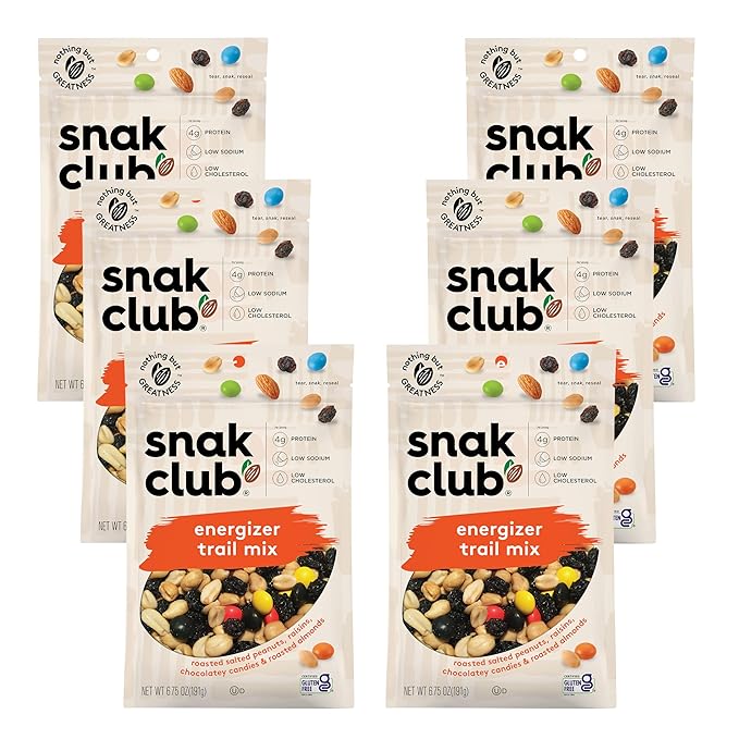 Snak Club Energizer Trail Mix with Roasted Salted Peanuts, Raisins, Chocolatey Candies, Roasted Almonds, Gluten-Free and Kosher Snack, 6.75 oz Resealable Bags, 6 Pack