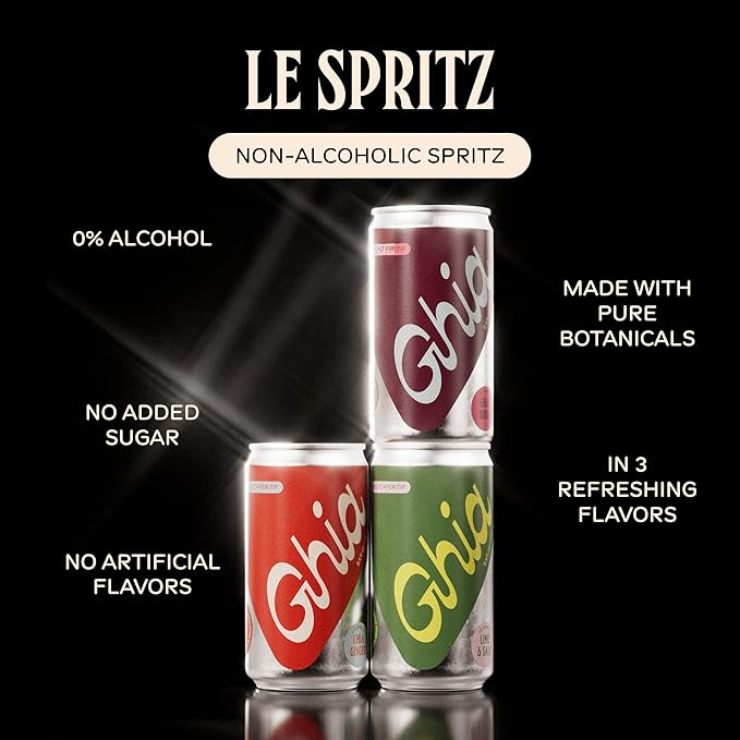 Ghia Non-Alcoholic Le Spritz | Variety 12-Pack | Canned Mocktail & Cocktail Mixer, Zero Proof Sparkling Apéritif with Soothing Herbal Extracts | No Sugar, No Artificial Flavors, Caffeine-Free (Lime & Salt, Soda, Ginger)