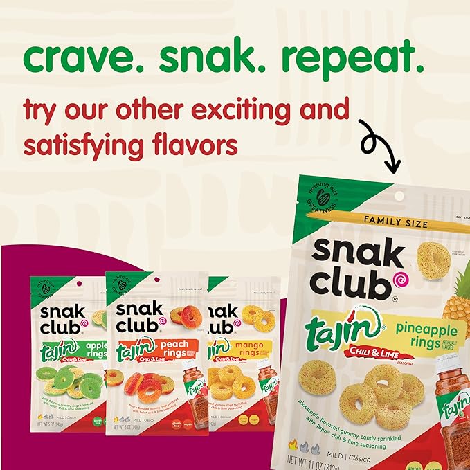 Snak Club Tajin Watermelon Rings Gummy Candy, Fruit Candy Gummies with Chili and Lime Seasoning, Mild, Gluten-Free and Vegan Snacks, 5 oz Resealable Bags, 6 Pack