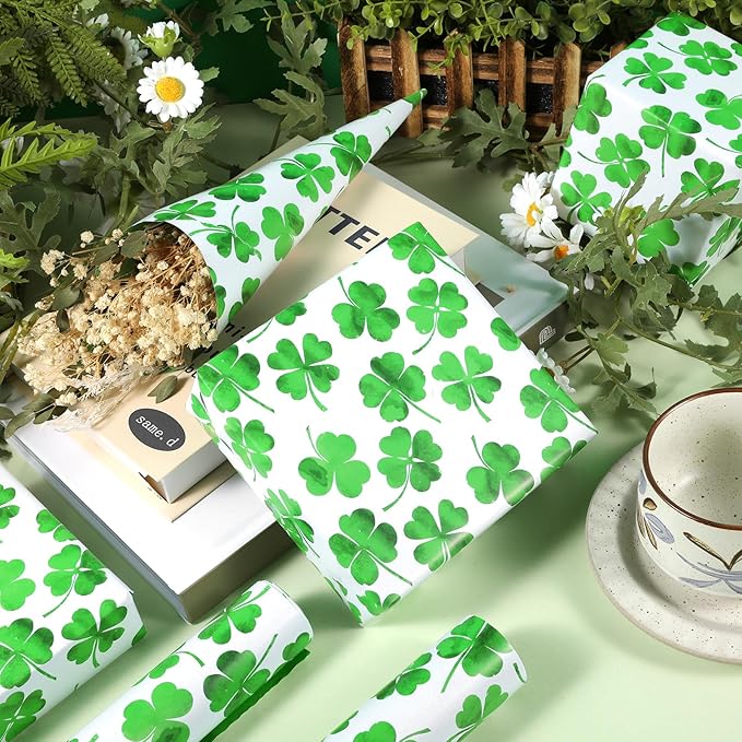 Fabllewavi 1 Roll Shamrock Wrapping Paper Mini Roll - 17in x 32.8Ft Reversible Green Clover Pattern Gift Wrap Paper for St. Patrick's Day DIY Crafts Irish Party Supplies