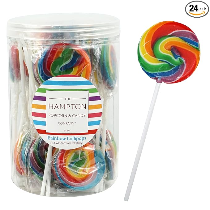 Rainbow Lollipops, 24 Pack, Swirl Lollipops, Individually Wrapped Lollipops, Carnival Lollipops Fruit Flavors, The Hampton Popcorn & Candy Company