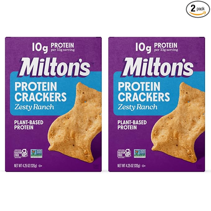 Milton's Protein Crackers, Zesty Ranch - 10g of Plant-Based Protein Per Serving, Gluten Free, Non-GMO Project Verified, Vegetarian-Friendly, Zero Grams Added Sugar Per Serving, 4.25 Oz, Pack of 2
