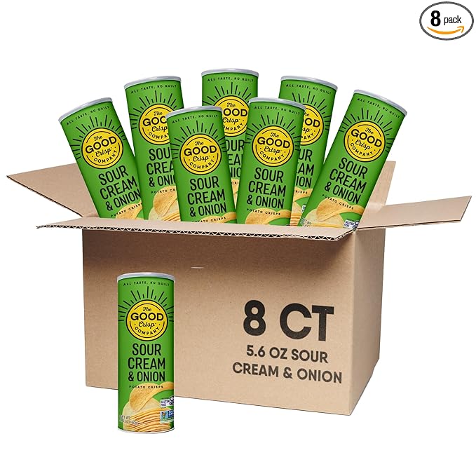 The Good Crisp Company, Sour Cream and Onion, Gluten Free Potato Chips (5.6 Ounce Canisters, Pack of 8), Non-GMO, Allergen Friendly, Potato Chip Snack Pack, Gluten Free Snacks