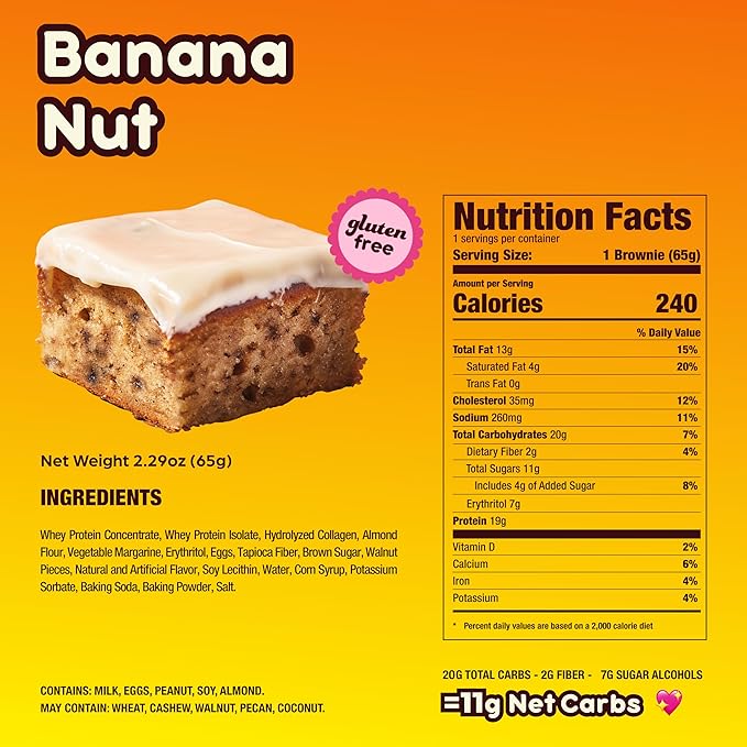 Prime Bites High Protein Brownie (12 Per Box, Banana Nut) - 19g of Protein, 5g of Collagen, Gluten Free, Low Sugar Treat, Delicious Protein Snack